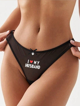 Mujeres tanga sexy y comodo semitransparente con impresion de corazon y eslogan, adecuado para citas diarias.