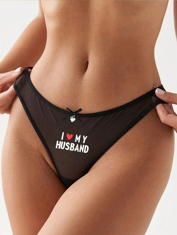 Mujeres tanga sexy y comodo semitransparente con impresion de corazon y eslogan, adecuado para citas diarias.