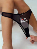 Mujeres tanga sexy y comodo semitransparente con impresion de corazon y eslogan, adecuado para citas diarias.