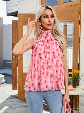 Camisa sin mangas de verano plisada con ribete de volantes en el cuello redondo, estampado aleatorio y cuello halter