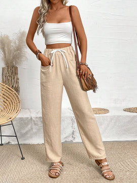 VCAY Pantalones Largos Con Bolsillos Y Cintura Con Cordon Para Mujer