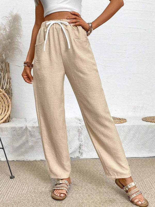 VCAY Pantalones Largos Con Bolsillos Y Cintura Con Cordon Para Mujer