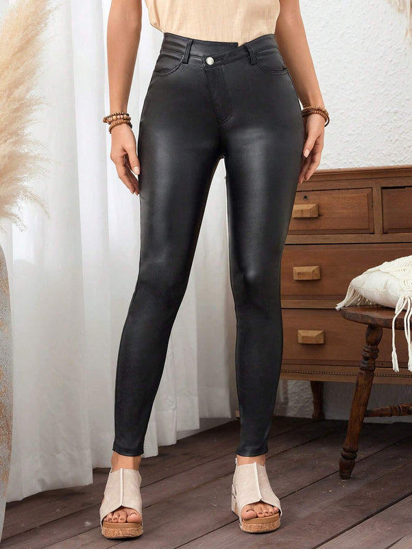 LUNE Pantalones largos elegantes de cintura alta, asimetricos y ajustados para mujer, de unicolor y estilo casual