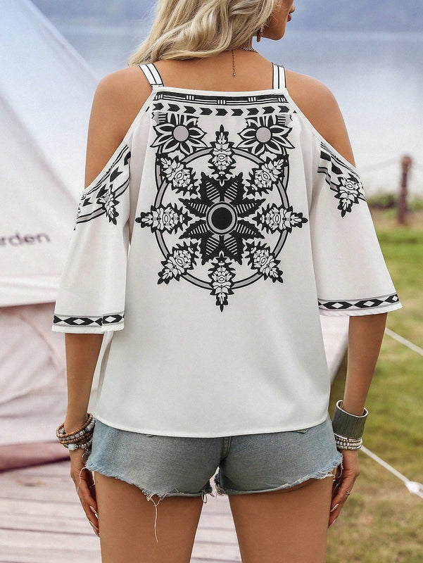 EMERY ROSE Camisa de manga corta estilo vacacional de hombros descubiertos para mujer con estampado floral