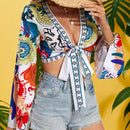 VCAY Camisa De Manga Larga Con Corbata Frontal Y Estampado Completo De Estilo De Vacaciones Para Mujeres, Adecuada Para Verano Y Playa