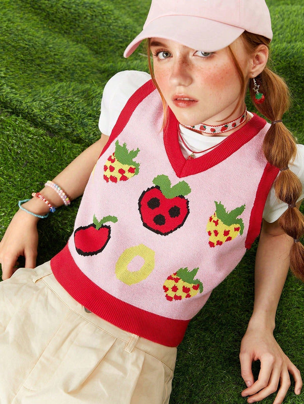Neu Chaleco De Sueter Informal De Verano Con Patron De Fresas Y Bloques De Colores