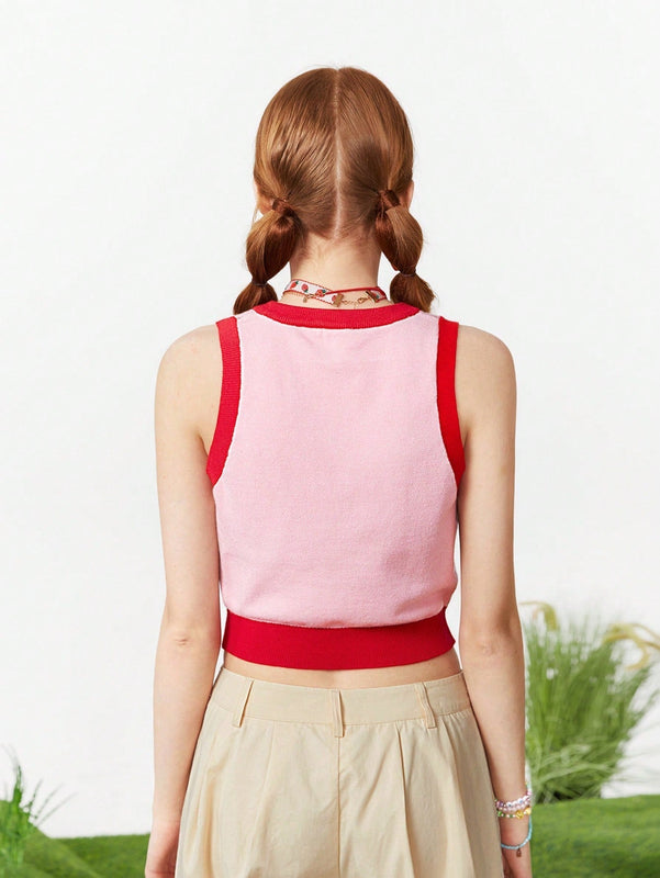 Neu Chaleco De Sueter Informal De Verano Con Patron De Fresas Y Bloques De Colores