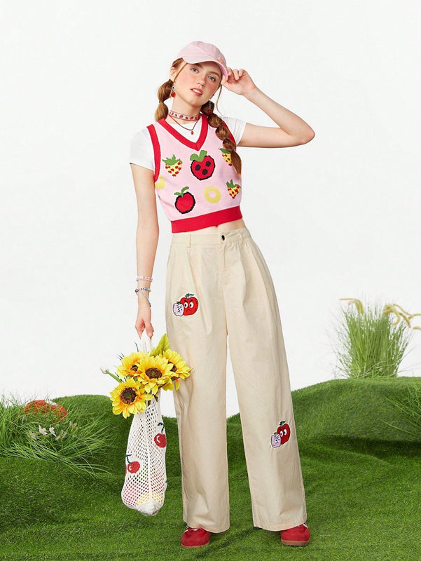 Neu Chaleco De Sueter Informal De Verano Con Patron De Fresas Y Bloques De Colores