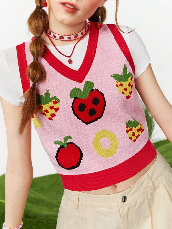 Neu Chaleco De Sueter Informal De Verano Con Patron De Fresas Y Bloques De Colores