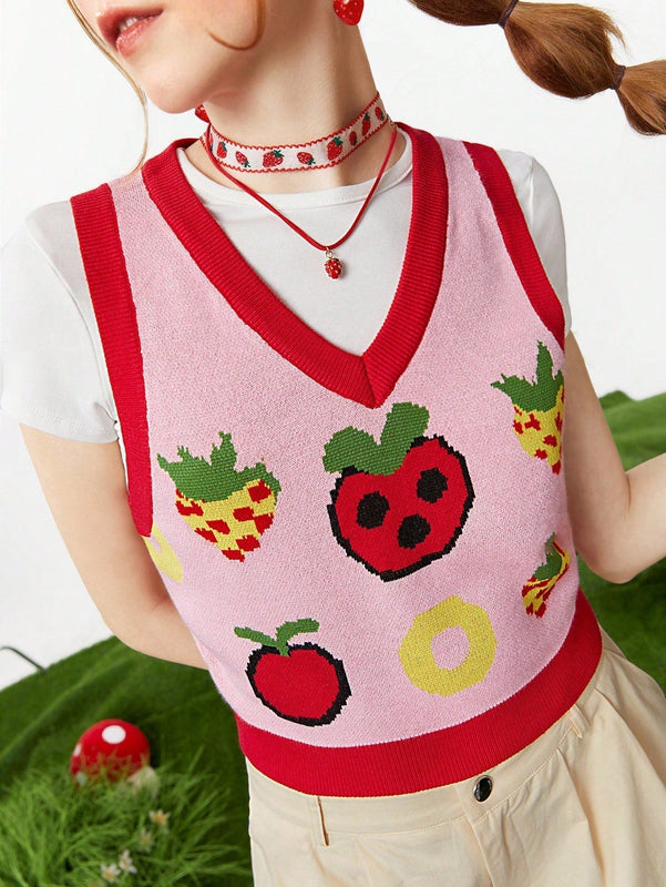 Neu Chaleco De Sueter Informal De Verano Con Patron De Fresas Y Bloques De Colores
