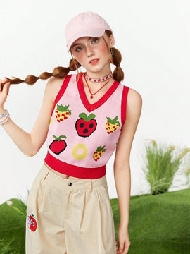 Neu Chaleco De Sueter Informal De Verano Con Patron De Fresas Y Bloques De Colores