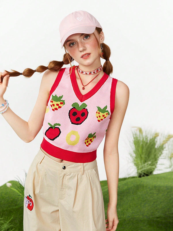 Neu Chaleco De Sueter Informal De Verano Con Patron De Fresas Y Bloques De Colores