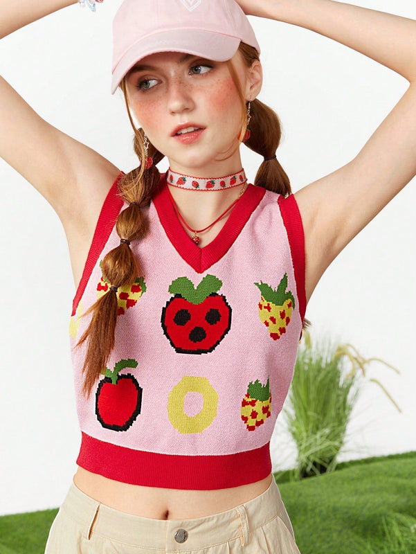 Neu Chaleco De Sueter Informal De Verano Con Patron De Fresas Y Bloques De Colores