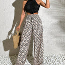 Pantalones anchos boho casuales elegantes con tejido de punto estampado, textura ahumada en la cintura con cordon decorado