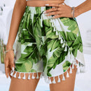 VCAY Shorts Para Mujer Con Estampado De Hojas, Diseno De Borlas Y Aberturas Laterales De Moda
