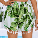VCAY Shorts Para Mujer Con Estampado De Hojas, Diseno De Borlas Y Aberturas Laterales De Moda