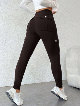 NEW  PETITE Pantalones ajustados solidos y sencillos con multiples bolsillos para mujer