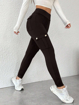 PETITE Pantalones ajustados solidos y sencillos con multiples bolsillos para mujer