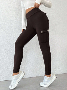 PETITE Pantalones ajustados solidos y sencillos con multiples bolsillos para mujer