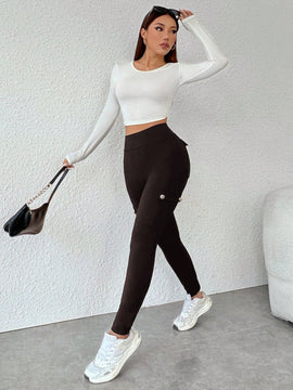 PETITE Pantalones ajustados solidos y sencillos con multiples bolsillos para mujer