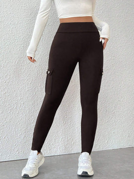 PETITE Pantalones ajustados solidos y sencillos con multiples bolsillos para mujer