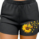 Essnce Shorts Casuales De Cintura Elastica Para Mujer Con Estampado De Girasoles Y Mariposas