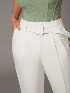 BAE Ropa de verano Blanca con cinturon ajustable para mujer Casual, pantalones zanahoria ajustados con forma conica