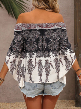 VCAY Blusa Con Estampado Paisley, Hombros Descubiertos Y Mangas Acampanadas