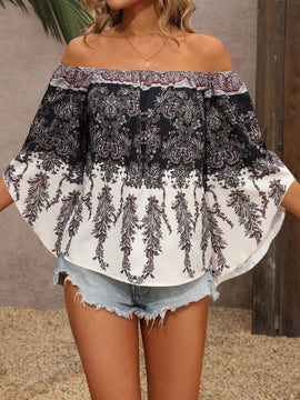 VCAY Blusa Con Estampado Paisley, Hombros Descubiertos Y Mangas Acampanadas