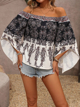 VCAY Blusa Con Estampado Paisley, Hombros Descubiertos Y Mangas Acampanadas