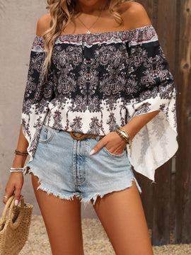 VCAY Blusa Con Estampado Paisley, Hombros Descubiertos Y Mangas Acampanadas