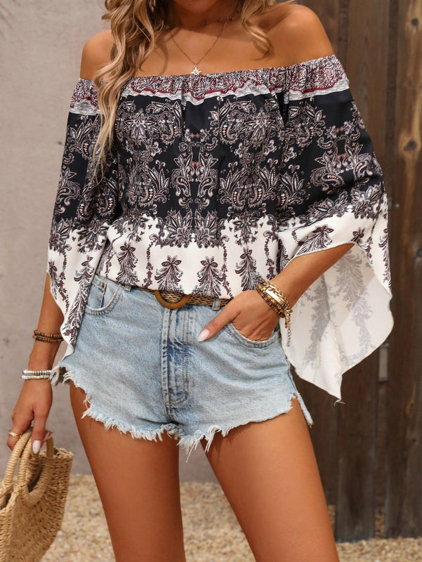 VCAY Blusa Con Estampado Paisley, Hombros Descubiertos Y Mangas Acampanadas