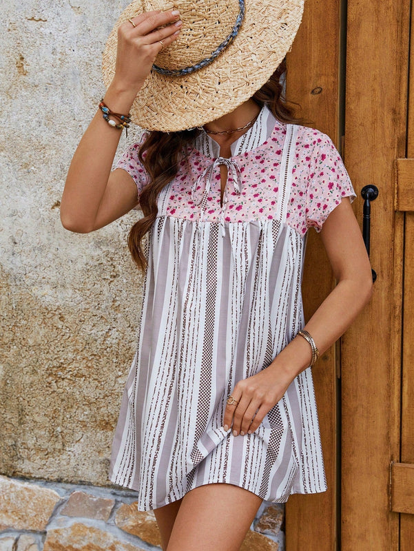 LUNE Camisa Estampada De Flores Pequenas De Verano Casual Con Parches