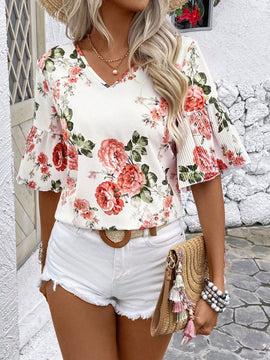 LUNE Blusa De Moda Con Estampado Floral Y Escote En V Para Mujer