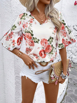 LUNE Blusa De Moda Con Estampado Floral Y Escote En V Para Mujer