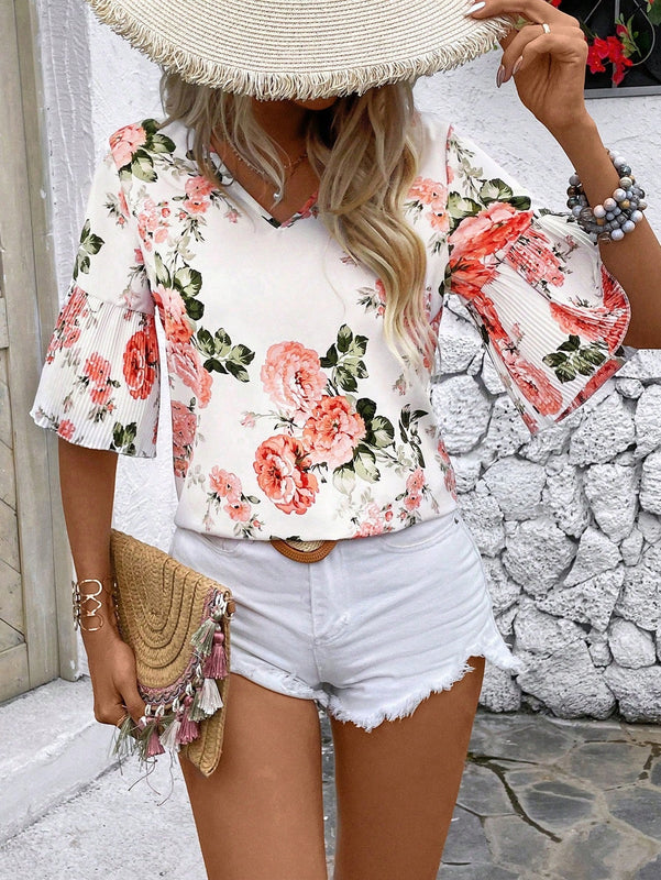 LUNE Blusa De Moda Con Estampado Floral Y Escote En V Para Mujer