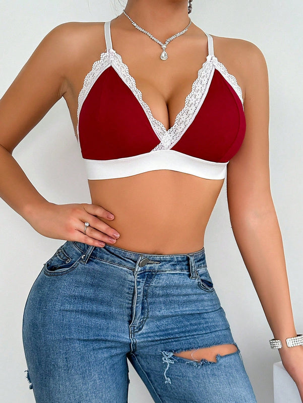 Sujetador Comodo Y Transpirable Con Copa Triangular, Adorno De Encaje Y Diseno Sin Cable Para Mujeres