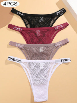Conjunto de 4 piezas de cinturillas para mujeres de color solido con diseno de impresion de letras, comodo y transpirable tanga de encaje