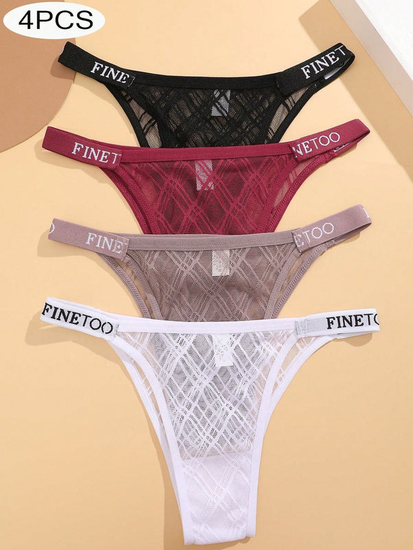 Conjunto de 4 piezas de cinturillas para mujeres de color solido con diseno de impresion de letras, comodo y transpirable tanga de encaje