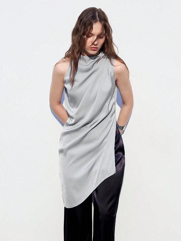 Maija Camisa larga sin mangas para mujer de color gris plateado solido con dobladillo asimetrico