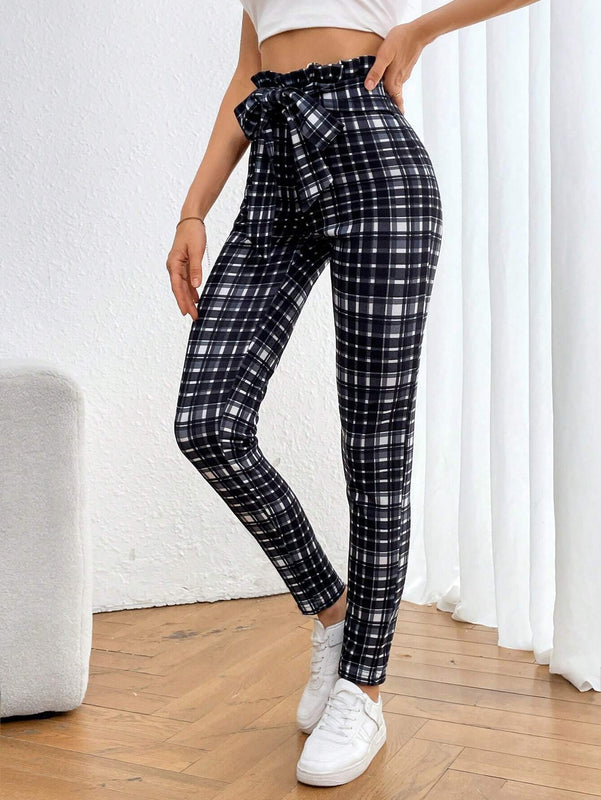 Essnce Pantalones Largos Y Ajustados De Tartan A La Cintura Alta