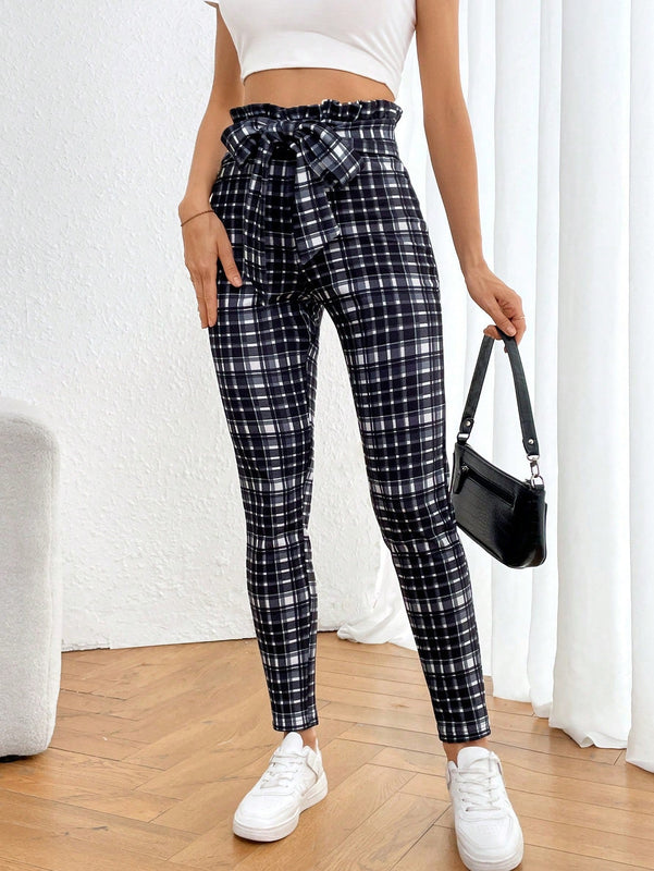 Essnce Pantalones Largos Y Ajustados De Tartan A La Cintura Alta