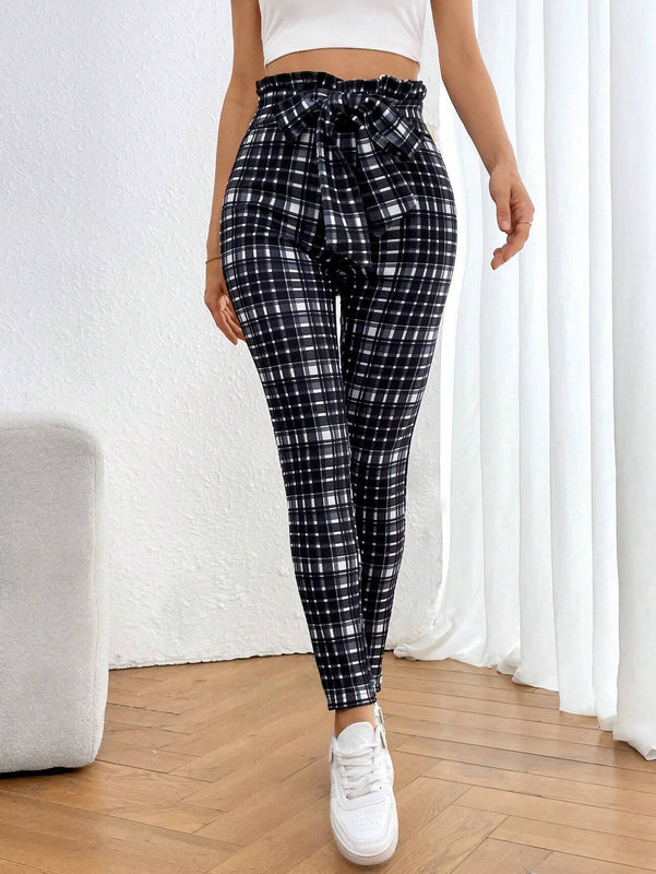 Essnce Pantalones Largos Y Ajustados De Tartan A La Cintura Alta