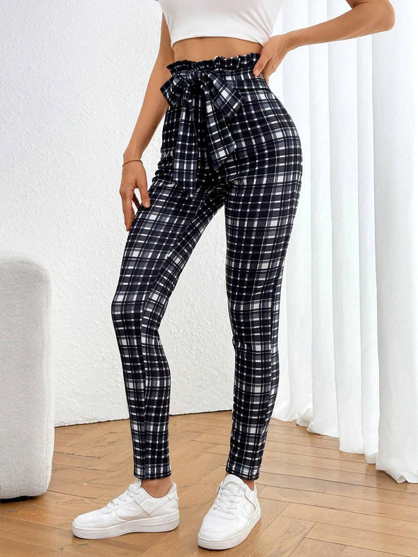 Essnce Pantalones Largos Y Ajustados De Tartan A La Cintura Alta