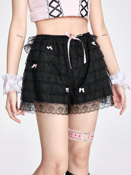 ROMWE Kawaii Dulces pantalones cortos de encaje con decoracion de mono para tortas