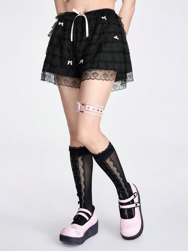 ROMWE Kawaii Dulces pantalones cortos de encaje con decoracion de mono para tortas