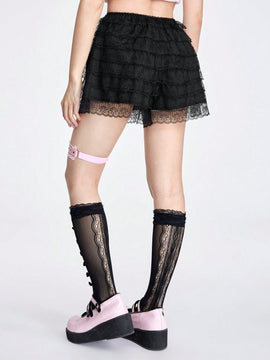 ROMWE Kawaii Dulces pantalones cortos de encaje con decoracion de mono para tortas