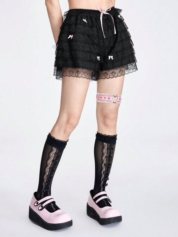 ROMWE Kawaii Dulces pantalones cortos de encaje con decoracion de mono para tortas