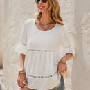 Frenchy Blusa Blanca De Manga De Mariposa Con Encaje Y Cuello Redondo, Adecuada Para La Temporada De Bodas
