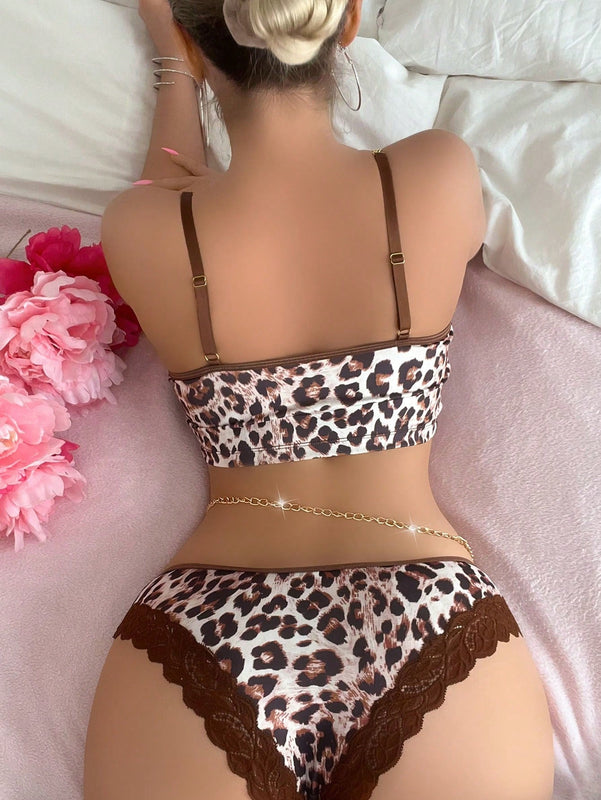 Conjunto De Lenceria De Leopardo De Mujer, Bralette Con Correa De Hombro En Cadena Sin Anillo De Acero Y Tangas Triangulares, 2 Piezas / Set